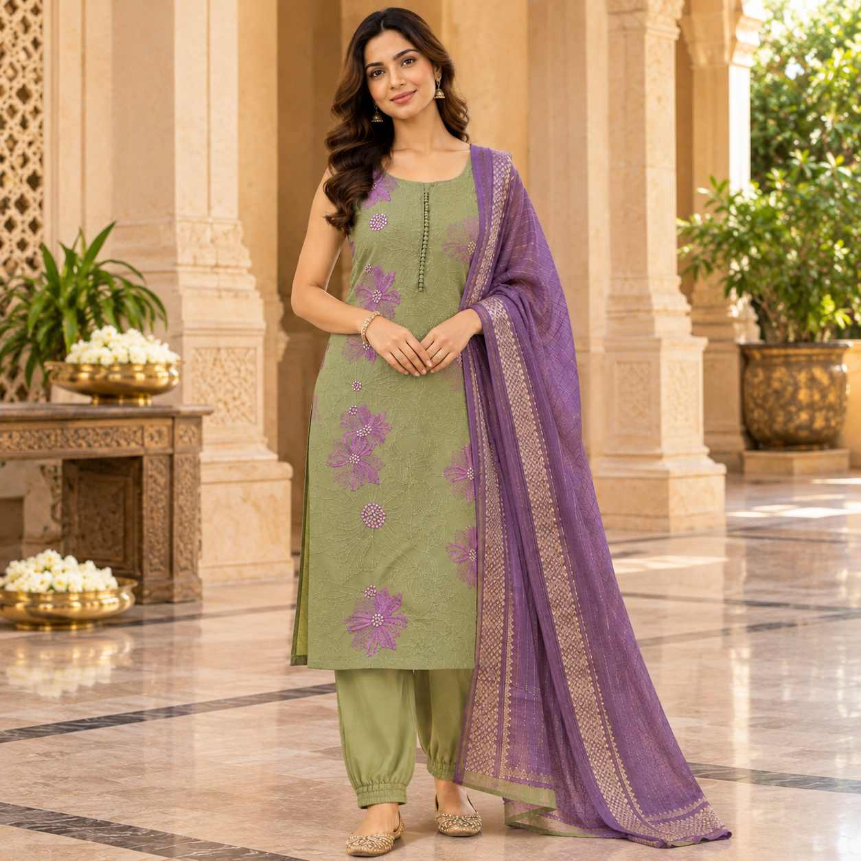 Sage Green Floral Embroidered Kurta Set with Lilac Dupatta