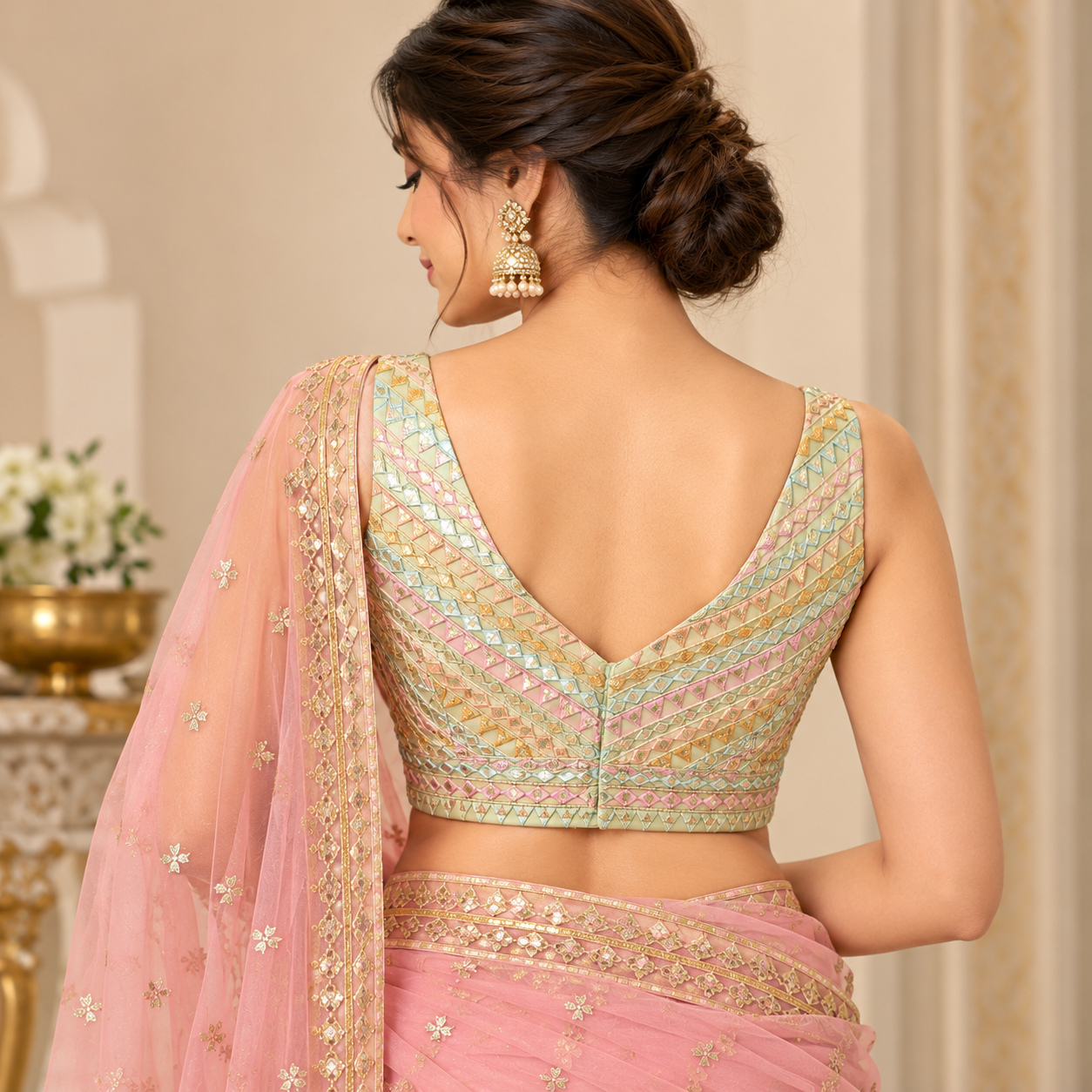 Pastel Mint Green Mirror Work Designer Blouse – Multicolour Geometric Embroidery with V-Neckline