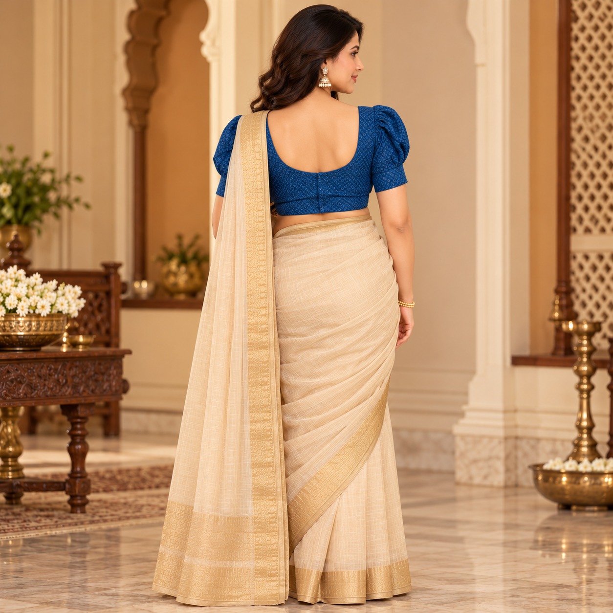 Royal Blue Embroidered Puff Sleeve Blouse with Ivory Gold Flared Lehenga Skirt
