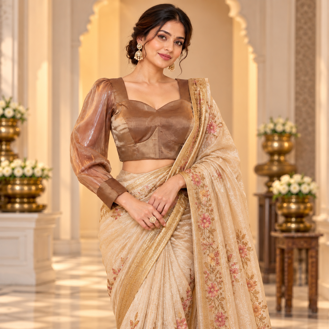 Premium Bronze Satin Designer Blouse with Sweetheart Neckline and Sheer Puff Sleeves