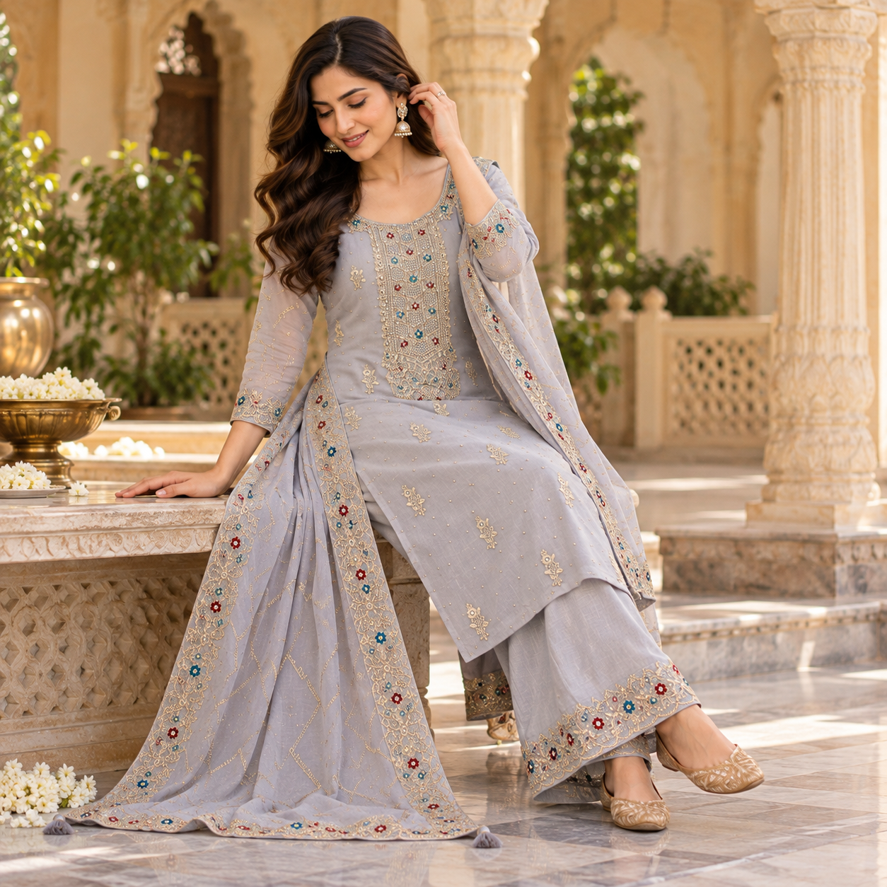 Elegant Grey-Lilac Embroidered Salwar Suit with Designer Dupatta