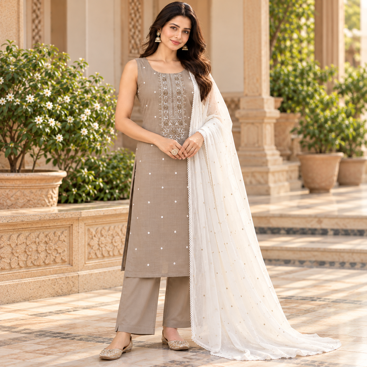 Elegant Taupe Embroidered Kurta Set with Matching Pants & Ivory Dupatta