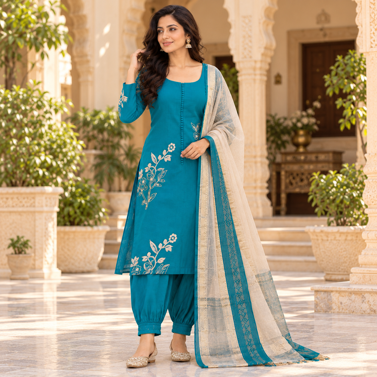 Teal Blue Embroidered Kurta Set with Matching Pants and Cream Dupatta