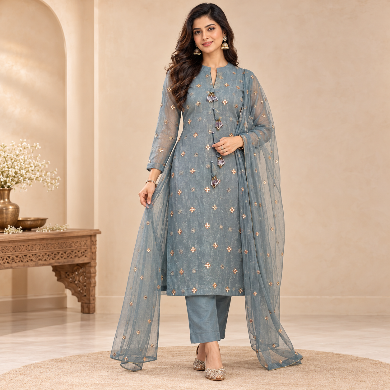 Dusty Blue-Grey Embroidered Kurta Set with Matching Pants and Net Dupatta