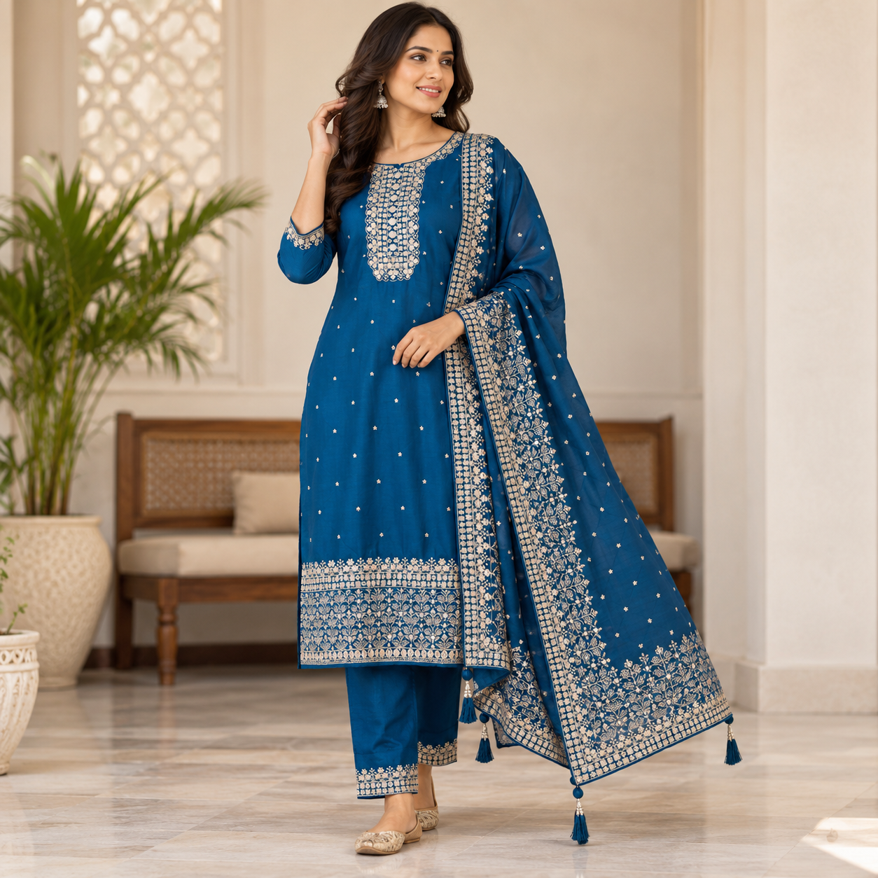 Elegant Teal Blue Embroidered Salwar Suit with Designer Dupatta