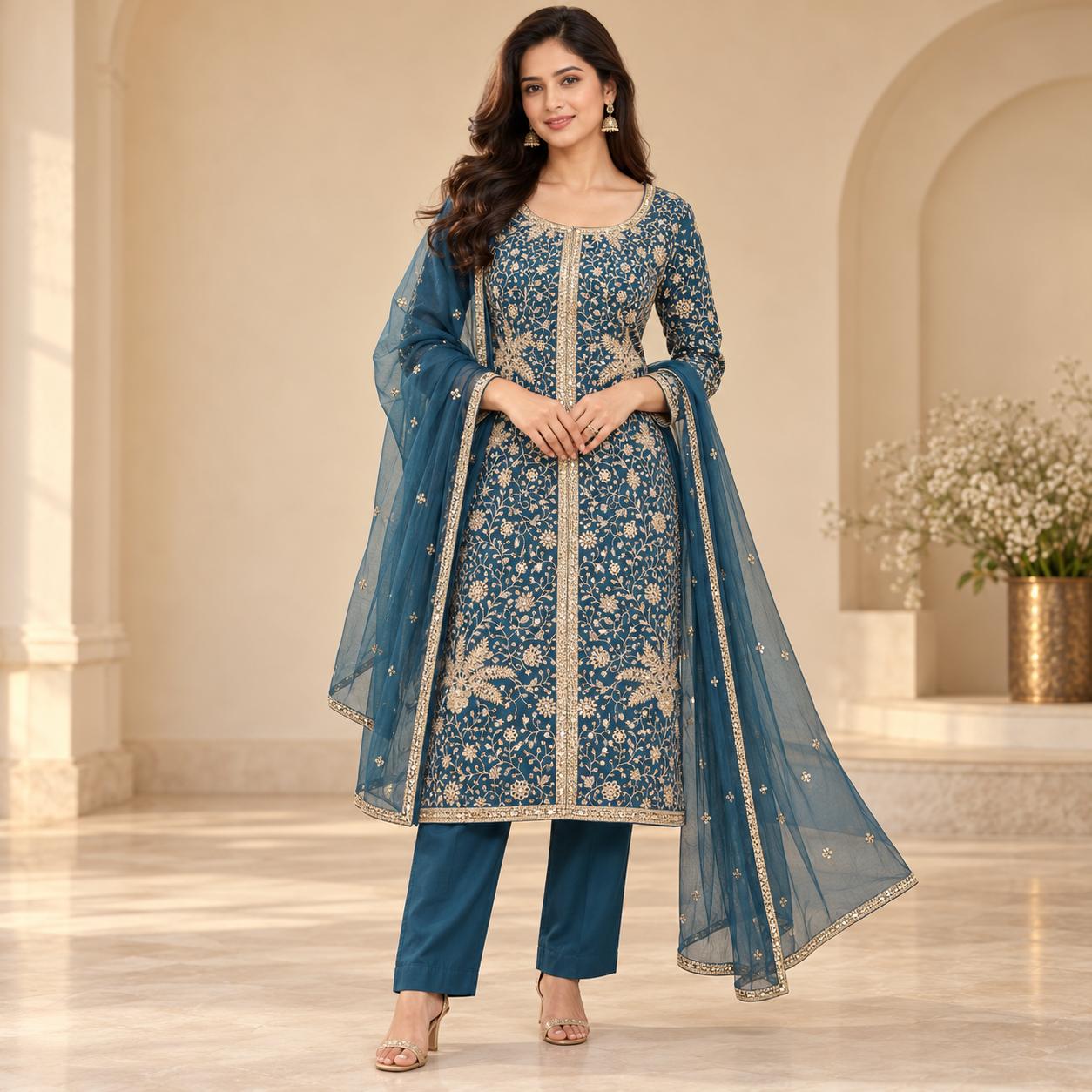 Royal Teal Blue Embroidered Salwar Suit with Gold Work and Net Dupatta
