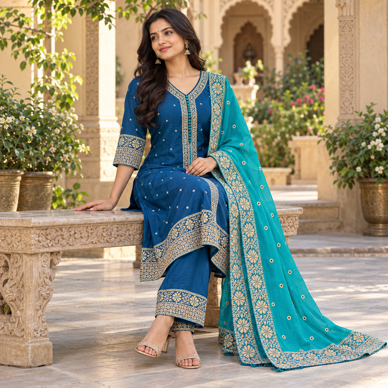 Royal Blue Embroidered Kurta Set with Turquoise Dupatta
