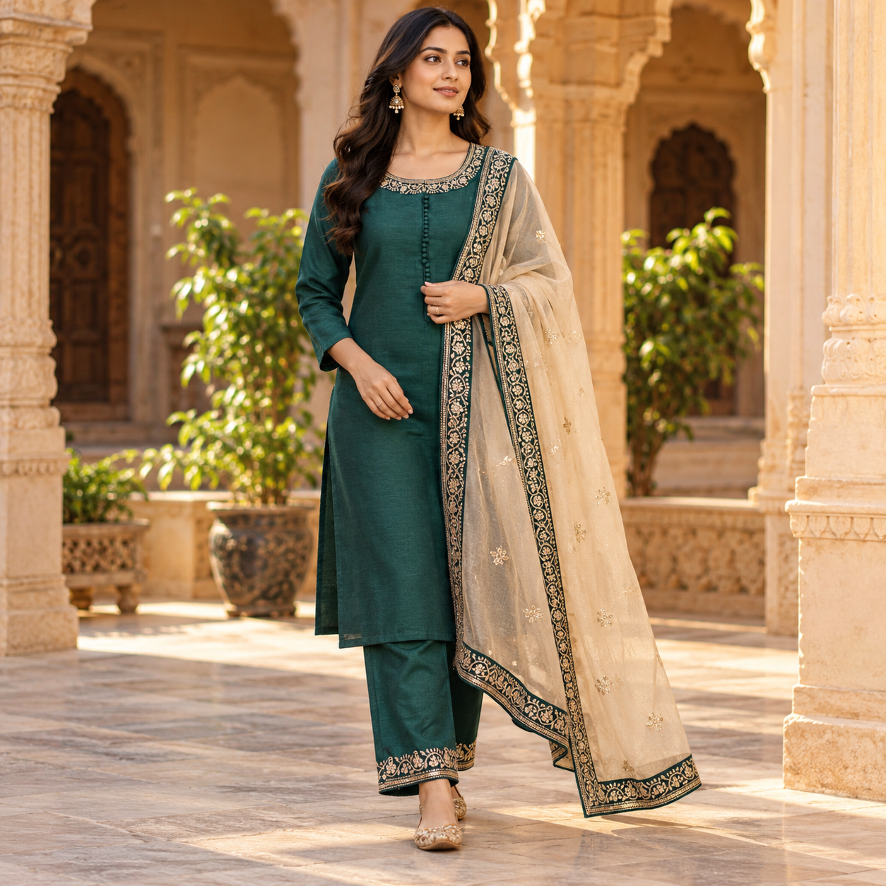 Elegant Teal Green Embroidered Kurta Set with Matching Pants and Beige Gold Dupatta