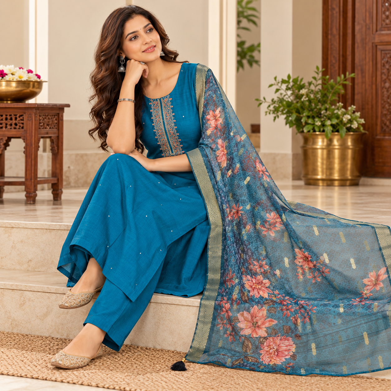 Teal Blue Embroidered Kurta Set with Floral Printed Dupatta