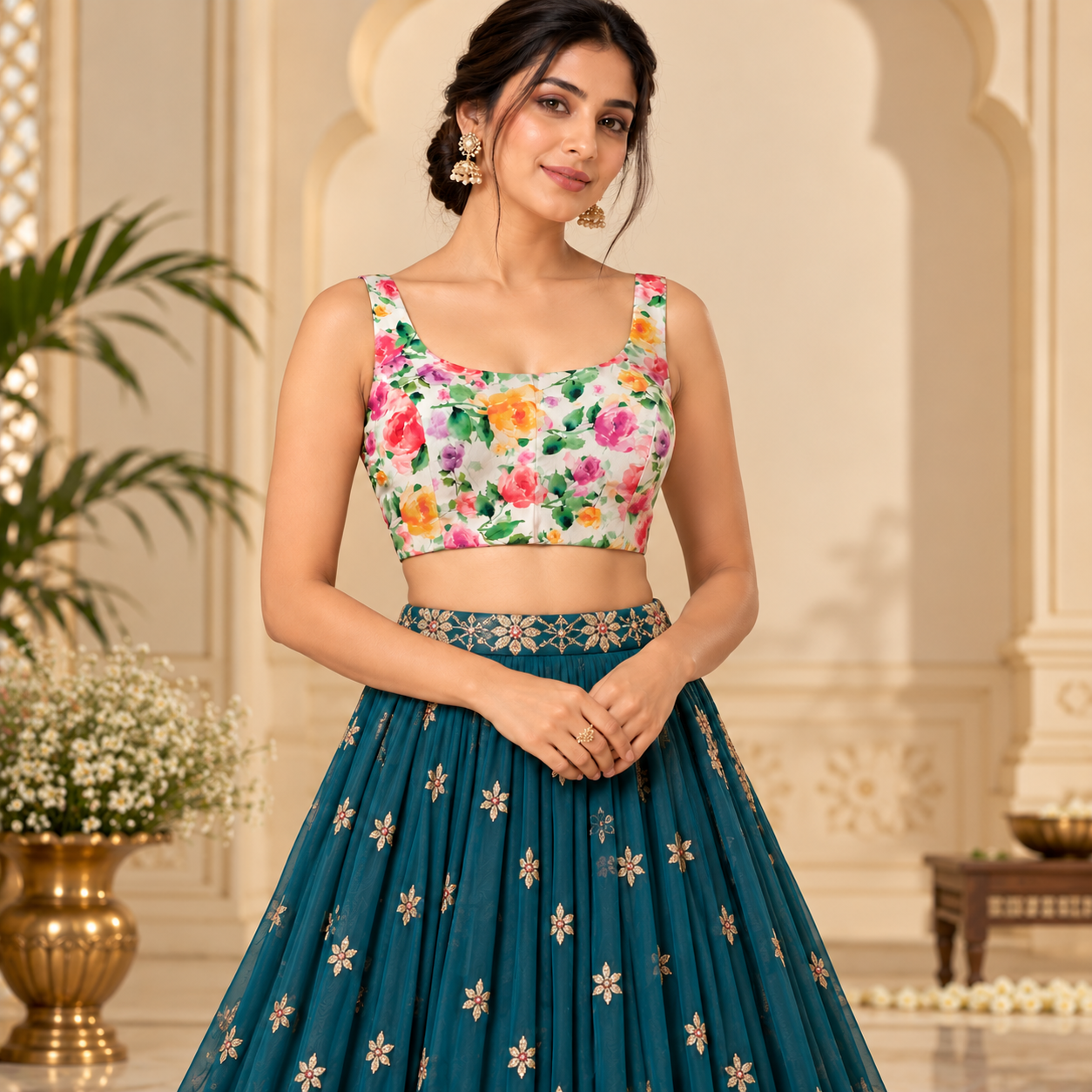 Multicolour Floral Print Sleeveless Designer Blouse for Women – Square Neck Ethnic Crop Blouse
