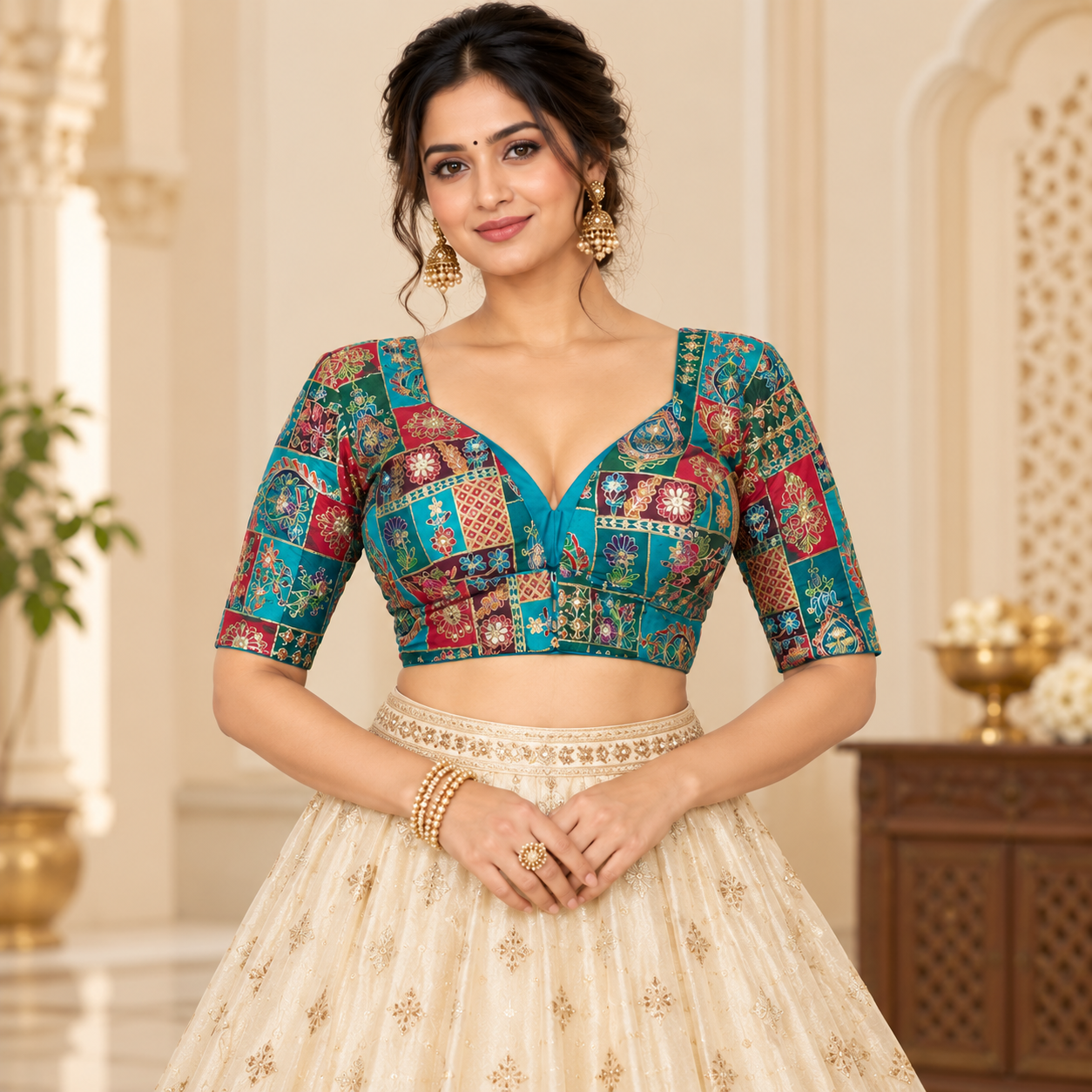 Teal Multicolour Embroidered Designer Blouse with Short Sleeves for Women