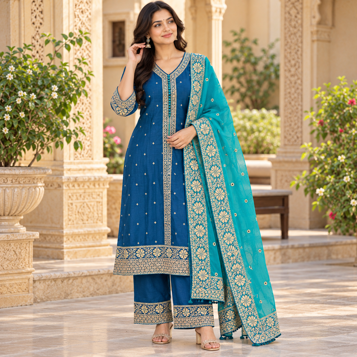 Royal Blue Embroidered Kurta Set with Turquoise Dupatta