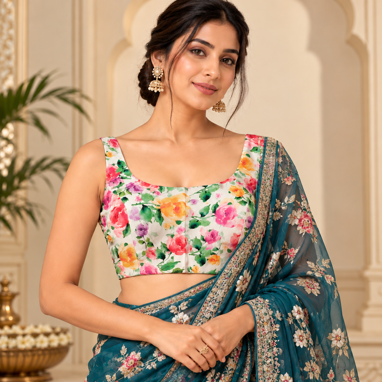 Multicolour Floral Print Sleeveless Designer Blouse for Women – Square Neck Ethnic Crop Blouse