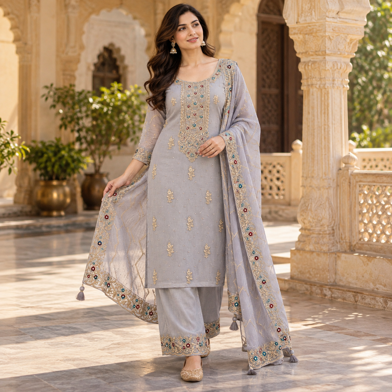 Elegant Grey-Lilac Embroidered Salwar Suit with Designer Dupatta