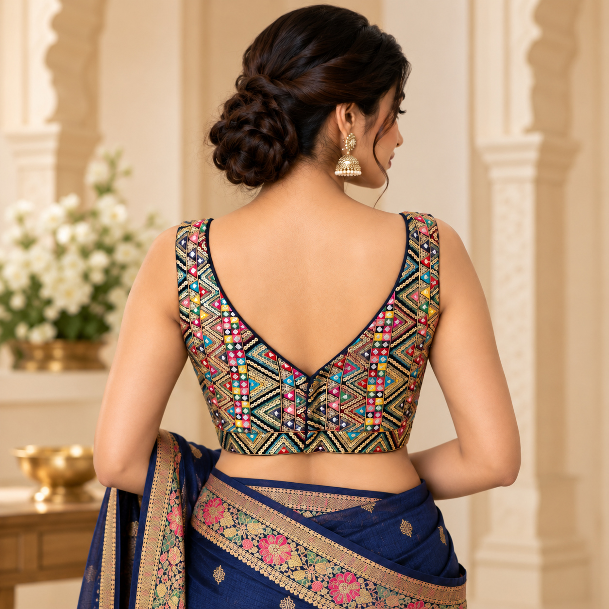 Multicolour Mirror Work Designer Blouse with Hot Pink Embroidered Lehenga Skirt Set