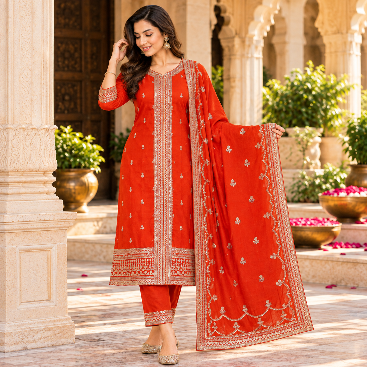Elegant Orange Red Embroidered Salwar Suit with Designer Chunni