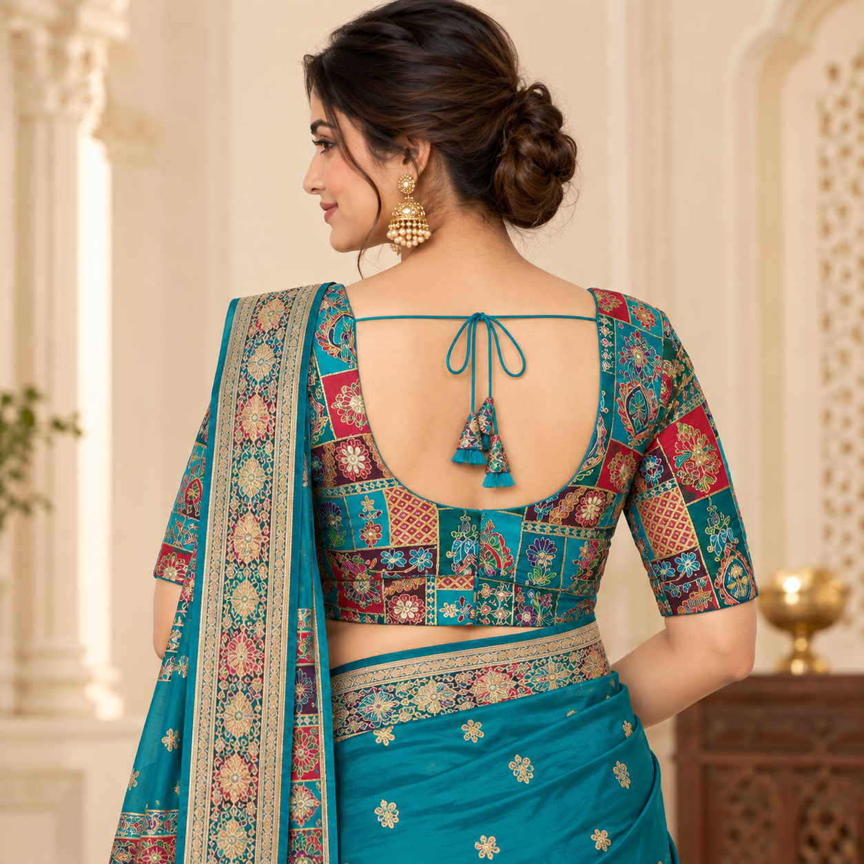 Teal Multicolour Embroidered Designer Blouse with Short Sleeves for Women