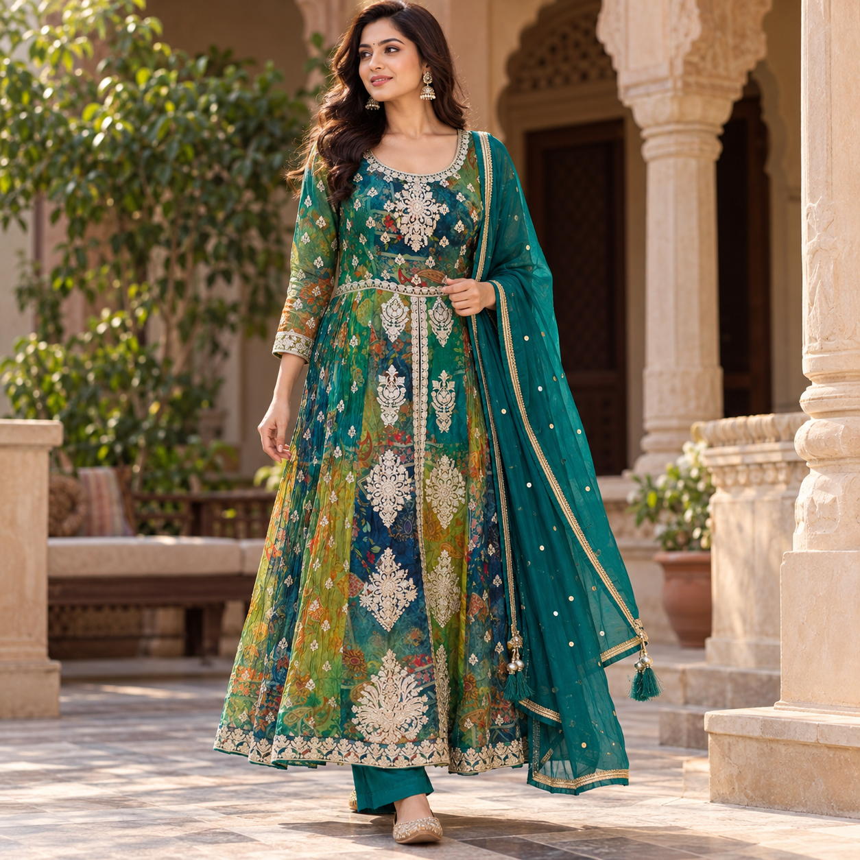 Teal Green Multicolour Floral Embroidered Anarkali Suit Set with Dupatta