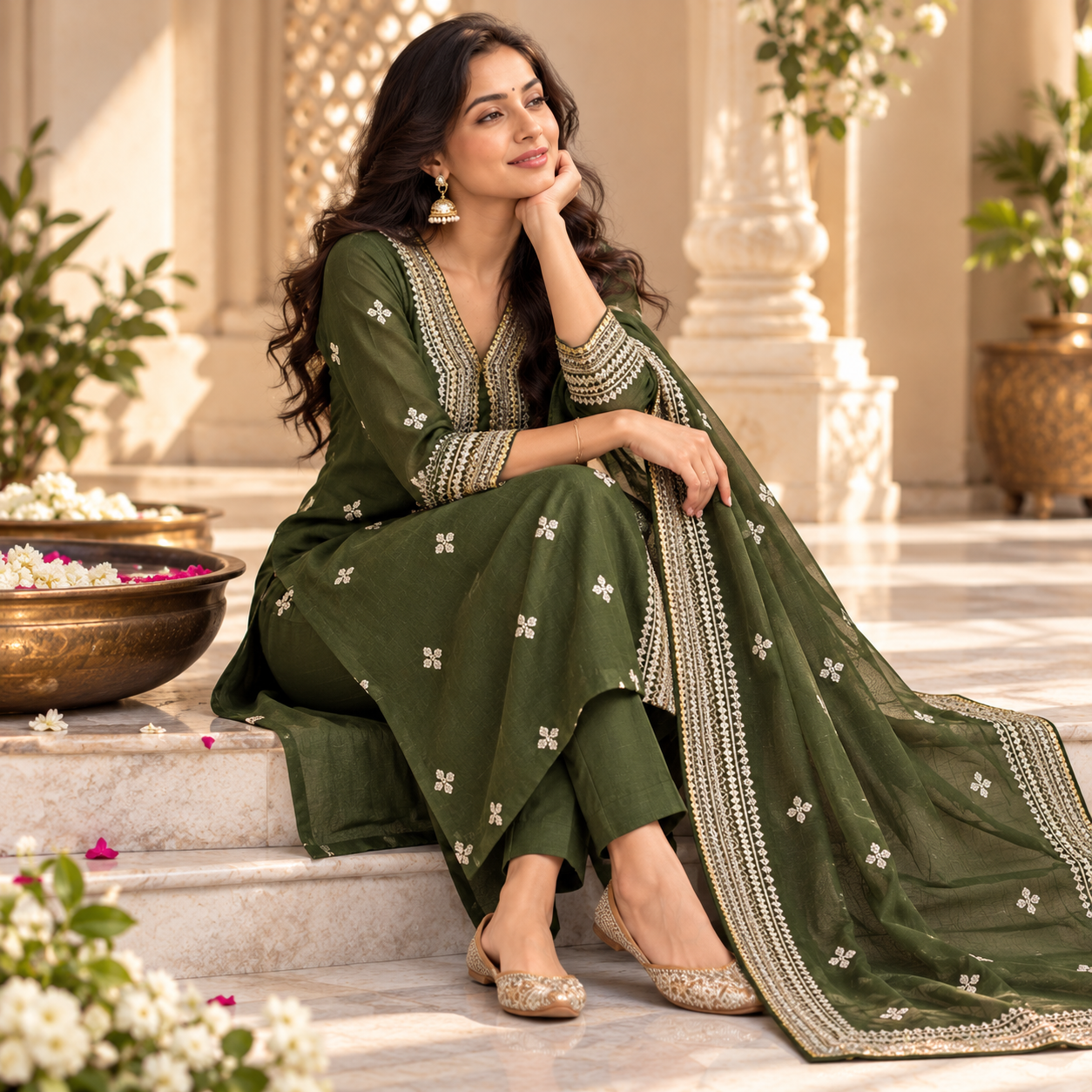 Elegant Olive Green Embroidered Salwar Suit with Flowing Dupatta