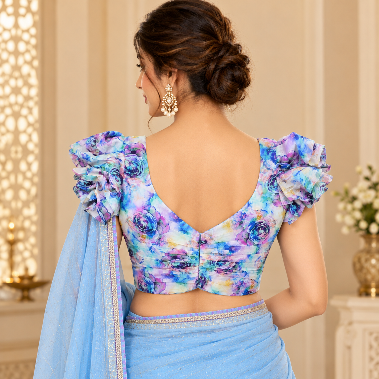 Pastel Floral Ruffle Sleeve Designer Blouse with Sweetheart Neck – Multicolour Party Wear Blouse