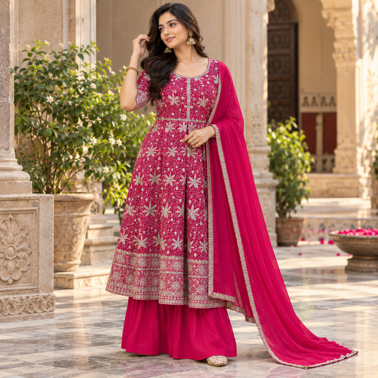 Fuchsia Pink Embroidered Anarkali Suit Set with Palazzo Pants & Dupatta