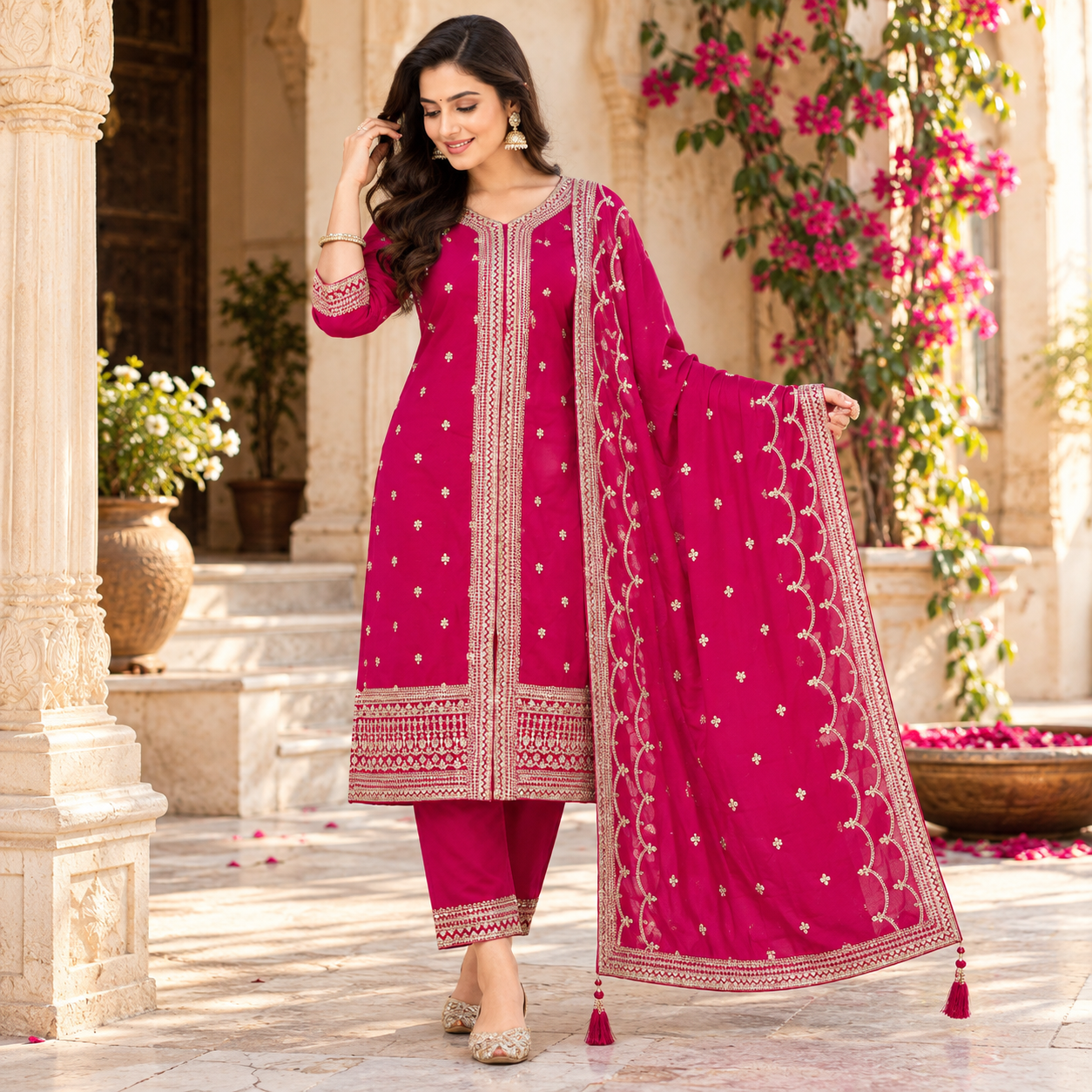 Elegant Fuchsia Pink Embroidered Salwar Suit with Designer Chunni