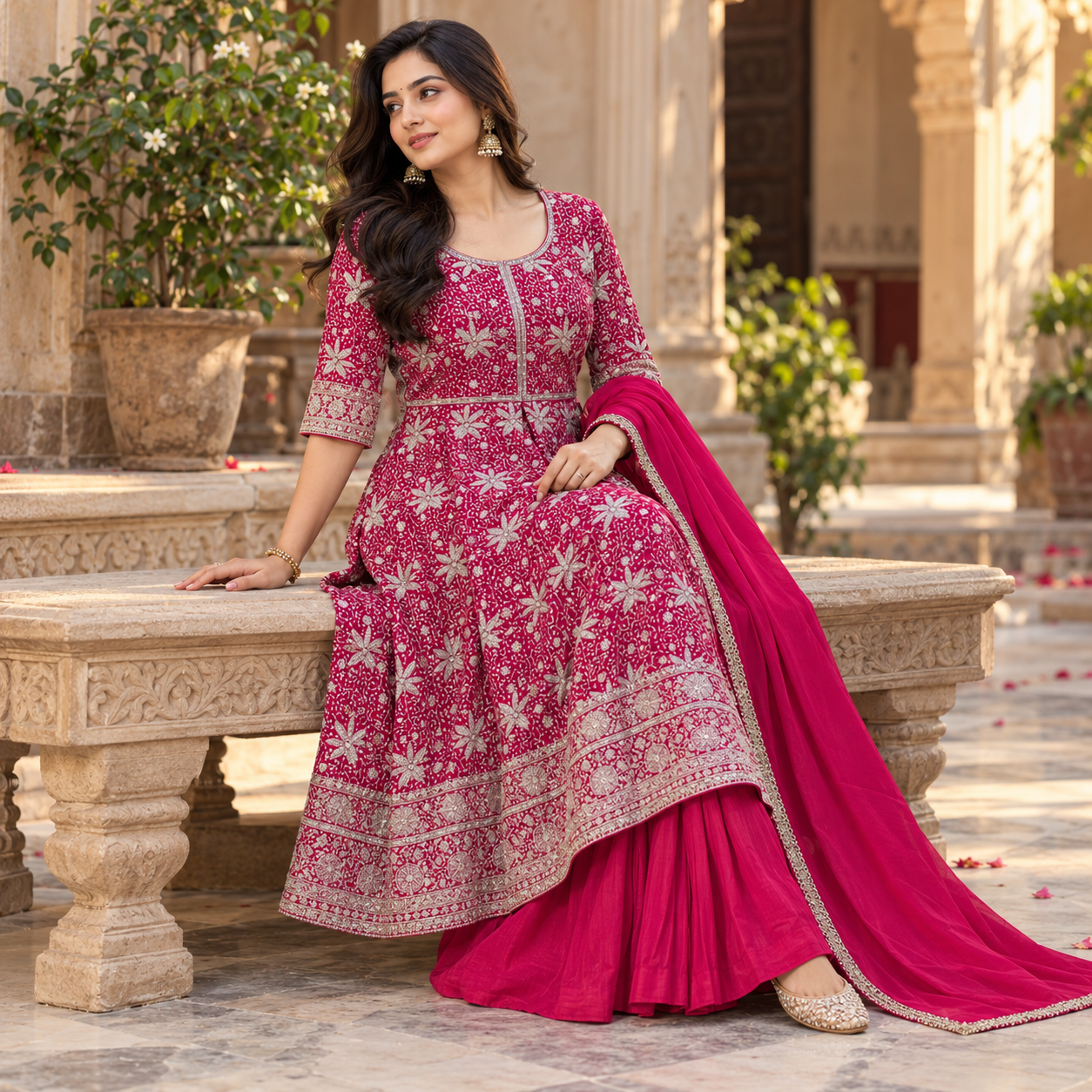 Fuchsia Pink Embroidered Anarkali Suit Set with Palazzo Pants & Dupatta