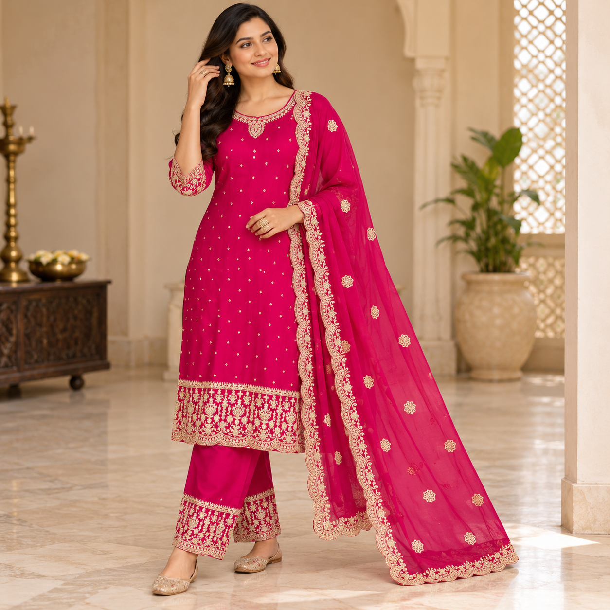 Royal Fuchsia Pink Embroidered Salwar Suit with Gold Dupatta
