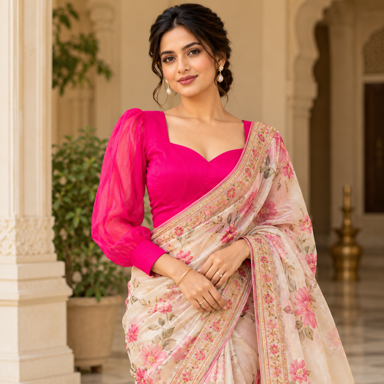 Hot Pink Sweetheart Neck Blouse with Sheer Puff Sleeves for Women