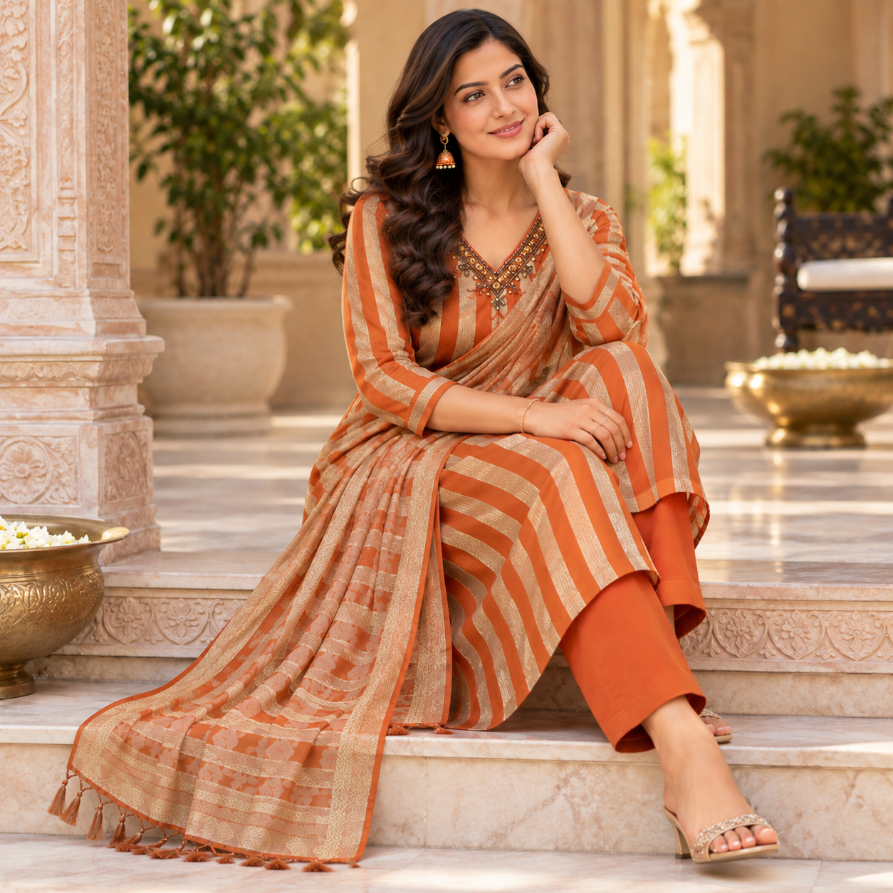 Rust Orange and Golden Zari Striped Kurta Set with Matching Pants and Designer Dupatta