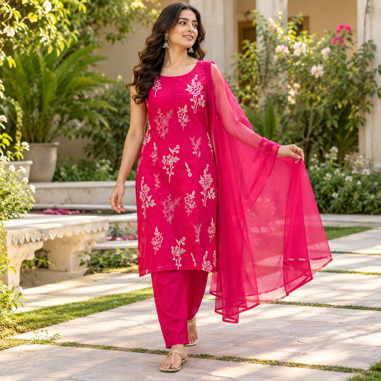 Women’s Fuchsia Pink Floral Embroidered Kurta Set with Matching Pants and Sheer Dupatta