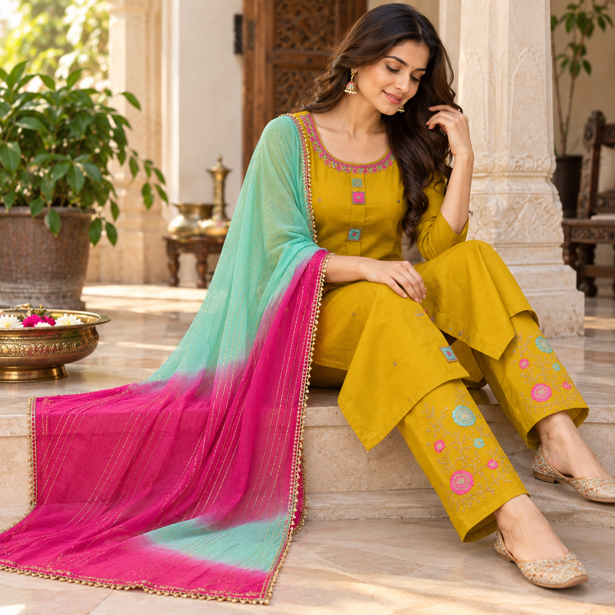 Mustard Yellow Embroidered Kurta Pant Set with Pink & Aqua Floral Work and Ombre Dupatta