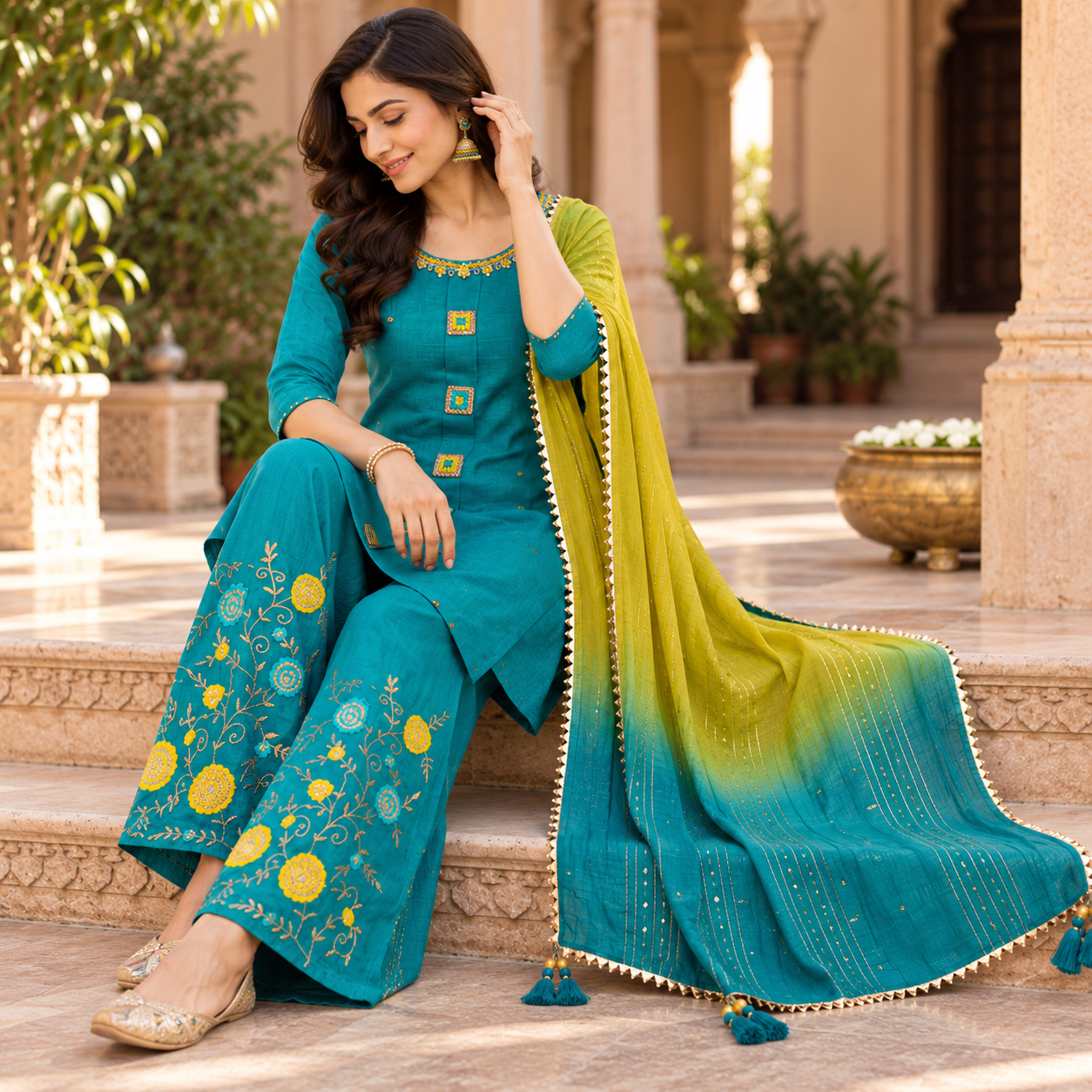 Teal Blue Embroidered Kurta Set with Floral Palazzo Pants and Ombre Dupatta