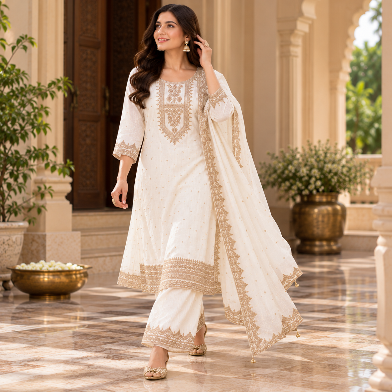 Ivory White & Gold Embroidered Kurta Set
