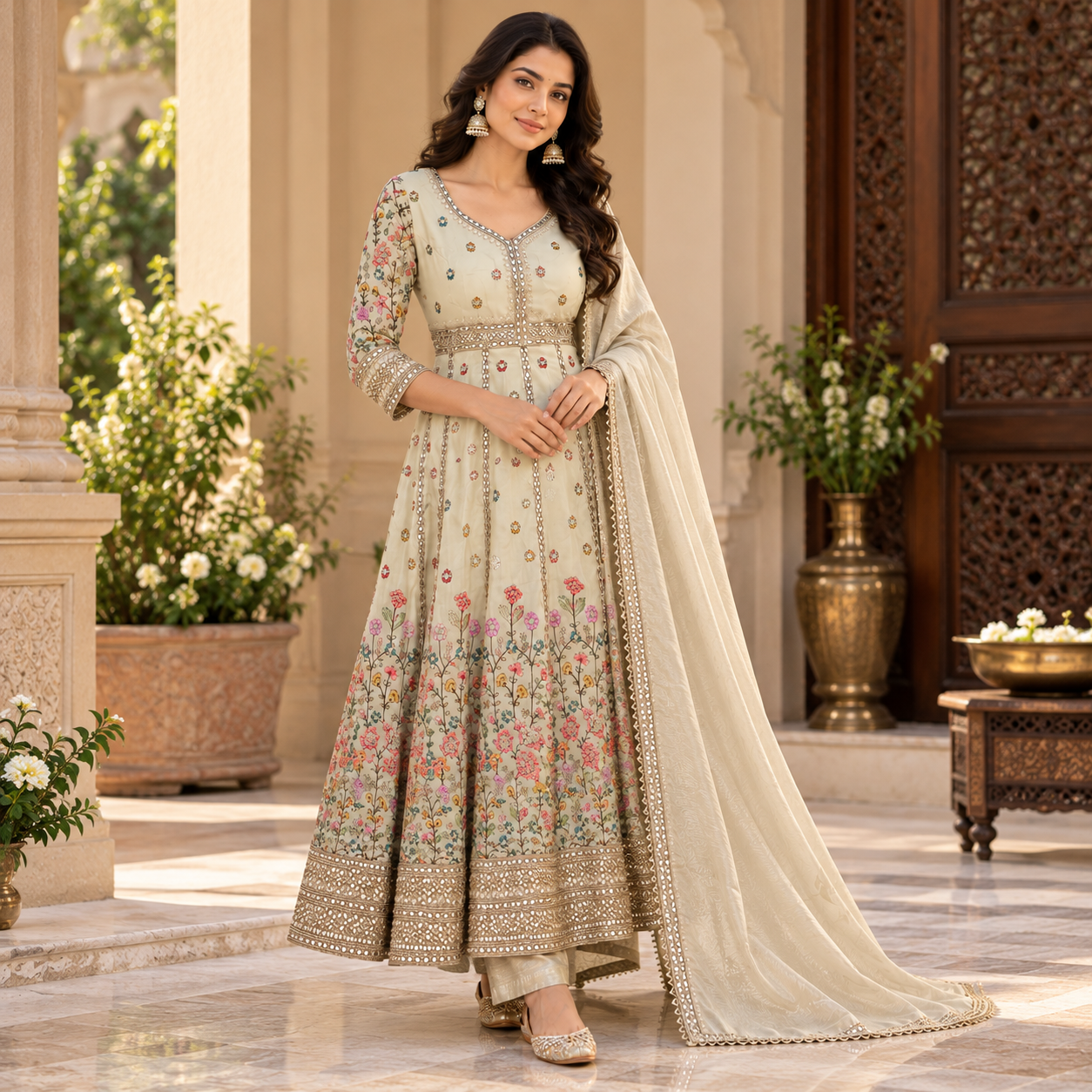 Elegant Ivory Floral Embroidered Anarkali Suit Set with Mirror Work and Dupatta