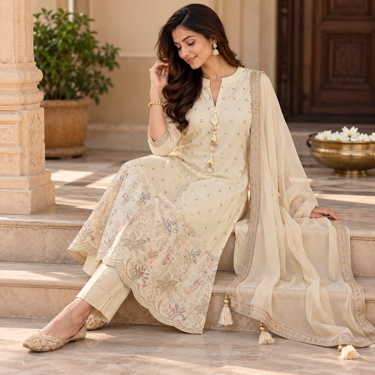 Elegant Ivory Cream Embroidered Kurta Set with Matching Pants and Gold Border Dupatta