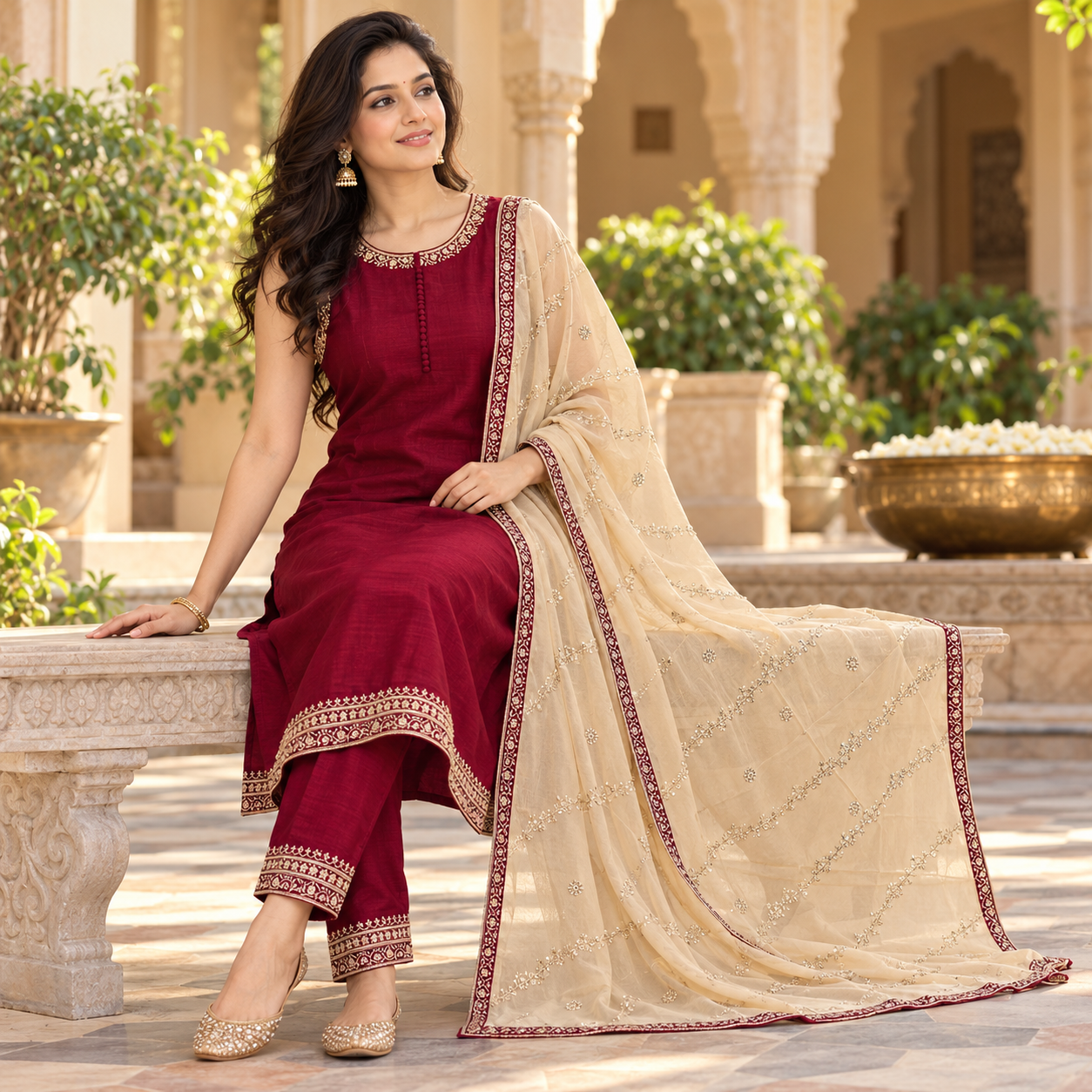 Maroon Embroidered Kurta Set with Matching Pants and Cream Dupatta