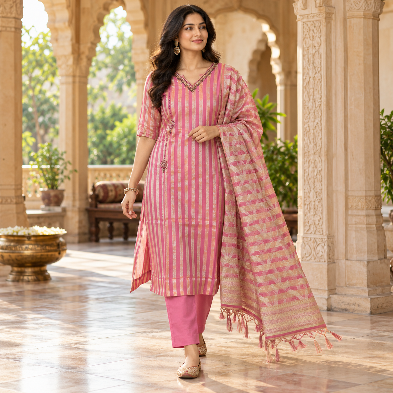 Pink and Gold Striped Kurta Set with Matching Pants and Designer Dupatta