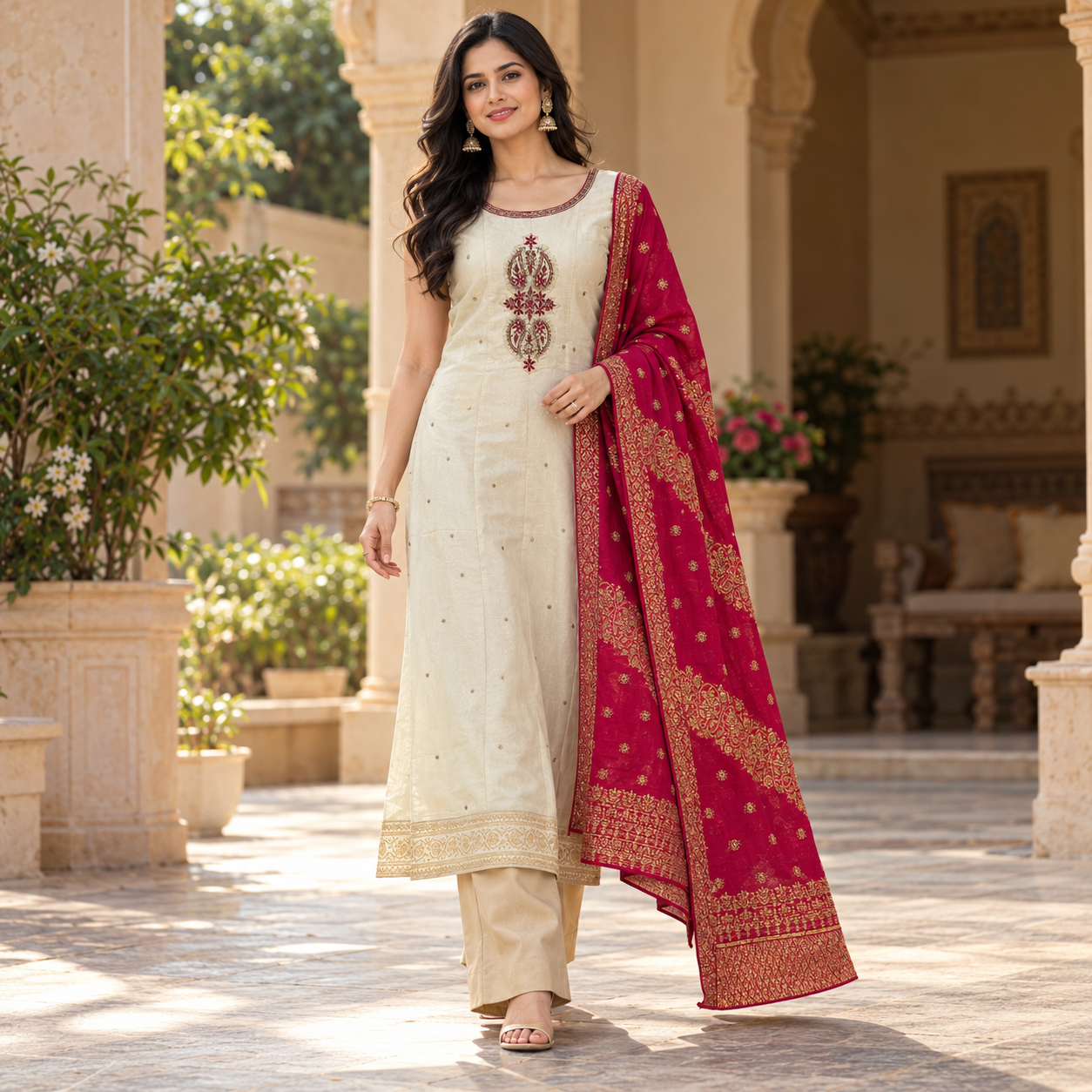 Cream Embroidered Kurta Set with Beige Pants and Magenta Gold Zari Dupatta – Women’s Ethnic Wear