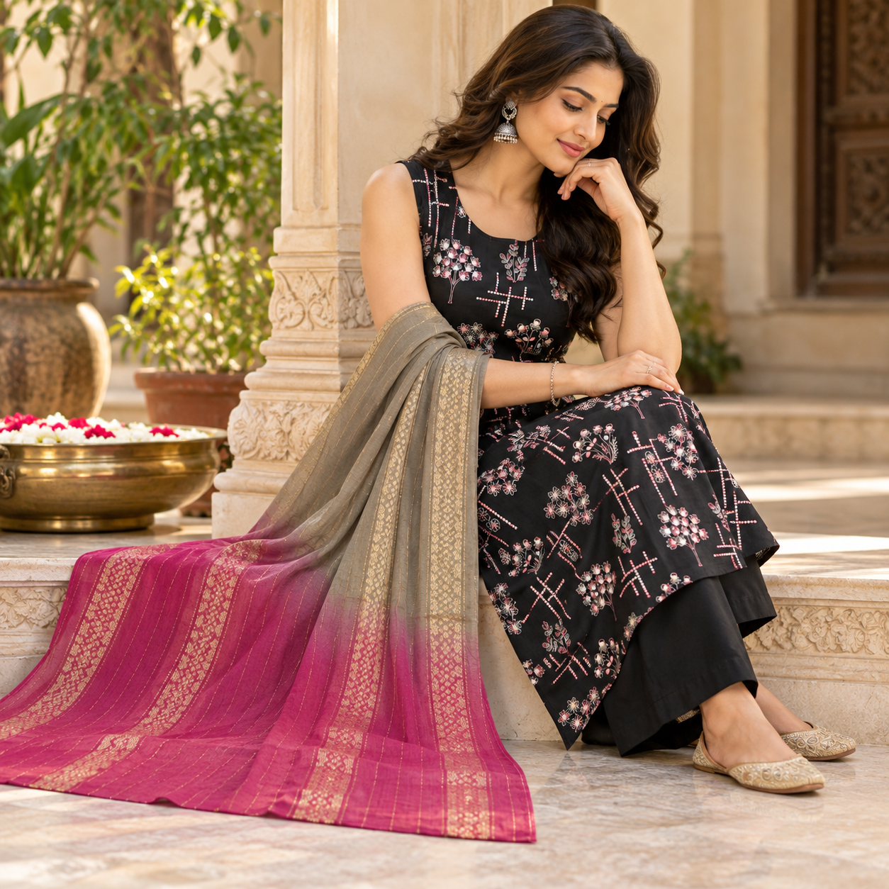 Black Floral Printed Kurta Set with Matching Trousers and Grey-Magenta Gold Border Dupatta