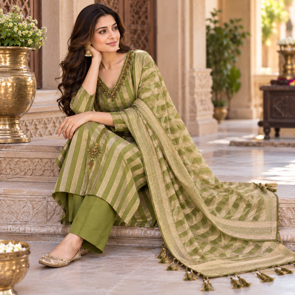 Olive Green & Gold Striped Embroidered Kurta Set with Designer Dupatta