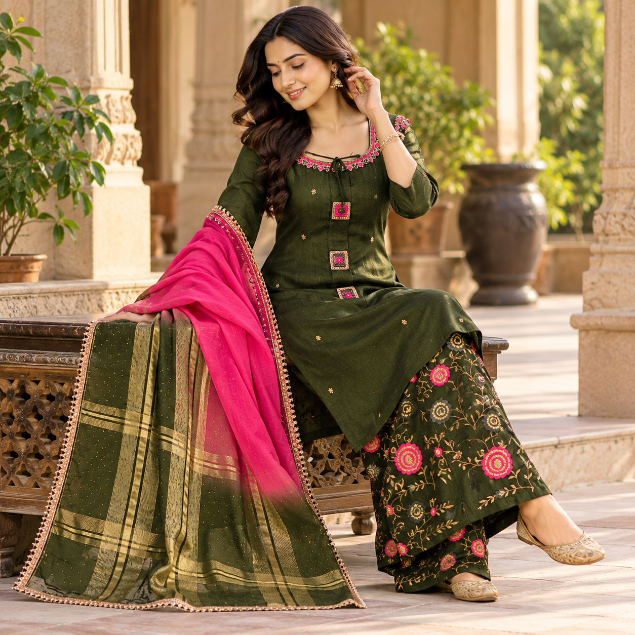 Olive Green Embroidered Kurta Set with Pink-Green Gold Border Dupatta and Palazzo Pants