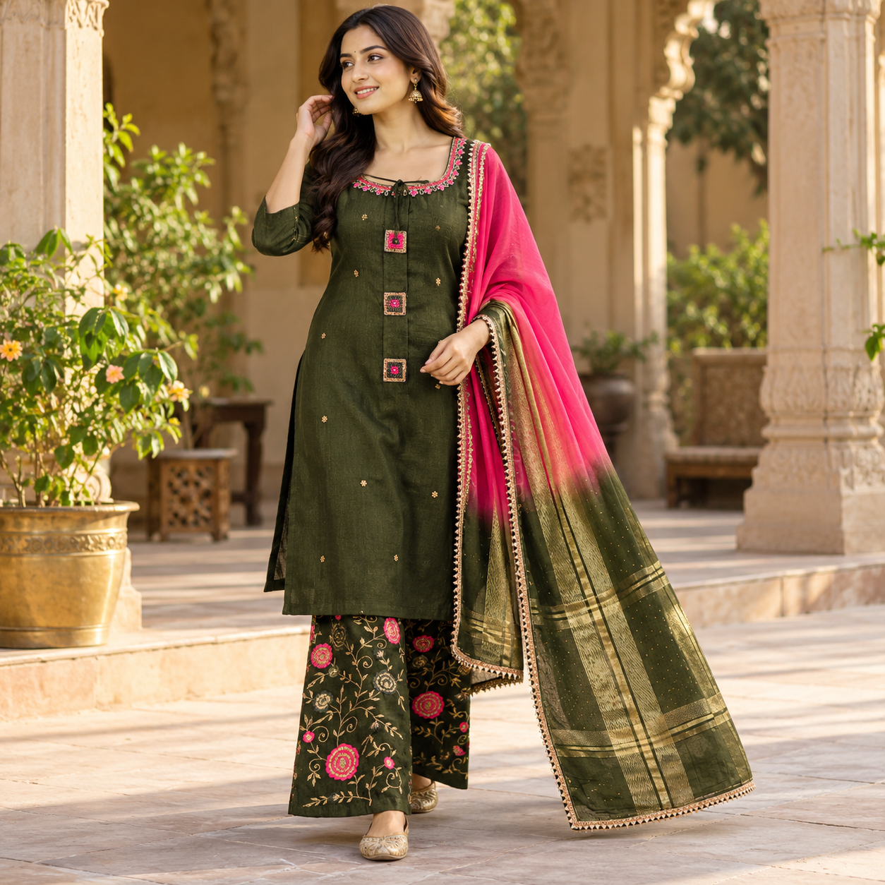 Olive Green Embroidered Kurta Set with Pink-Green Gold Border Dupatta and Palazzo Pants