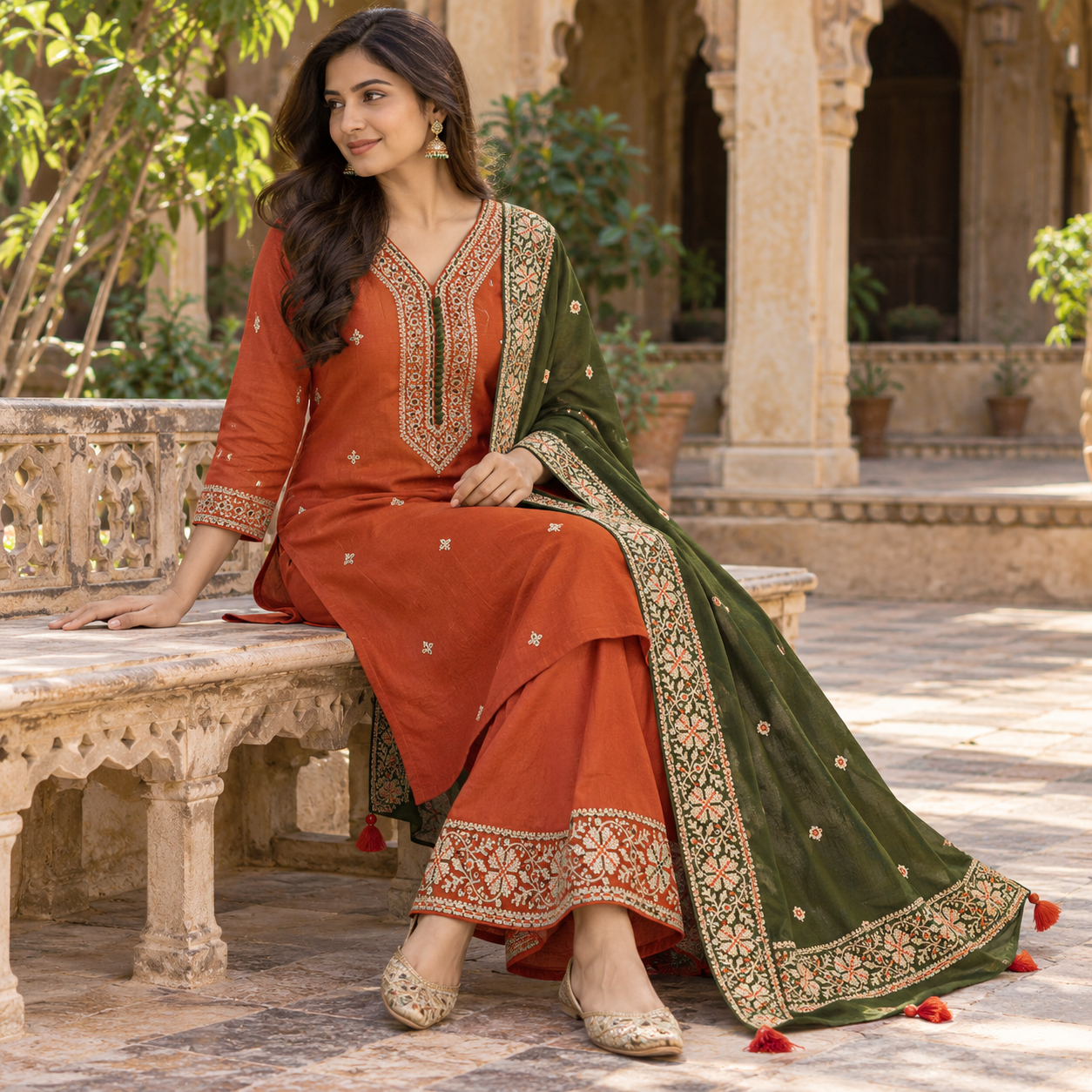 Rust Orange Embroidered Kurta Set with Olive Green Dupatta
