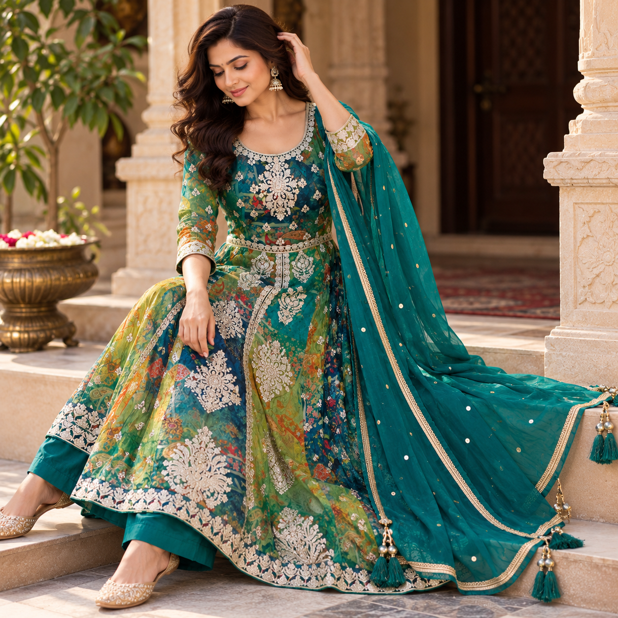 Teal Green Multicolour Floral Embroidered Anarkali Suit Set with Dupatta