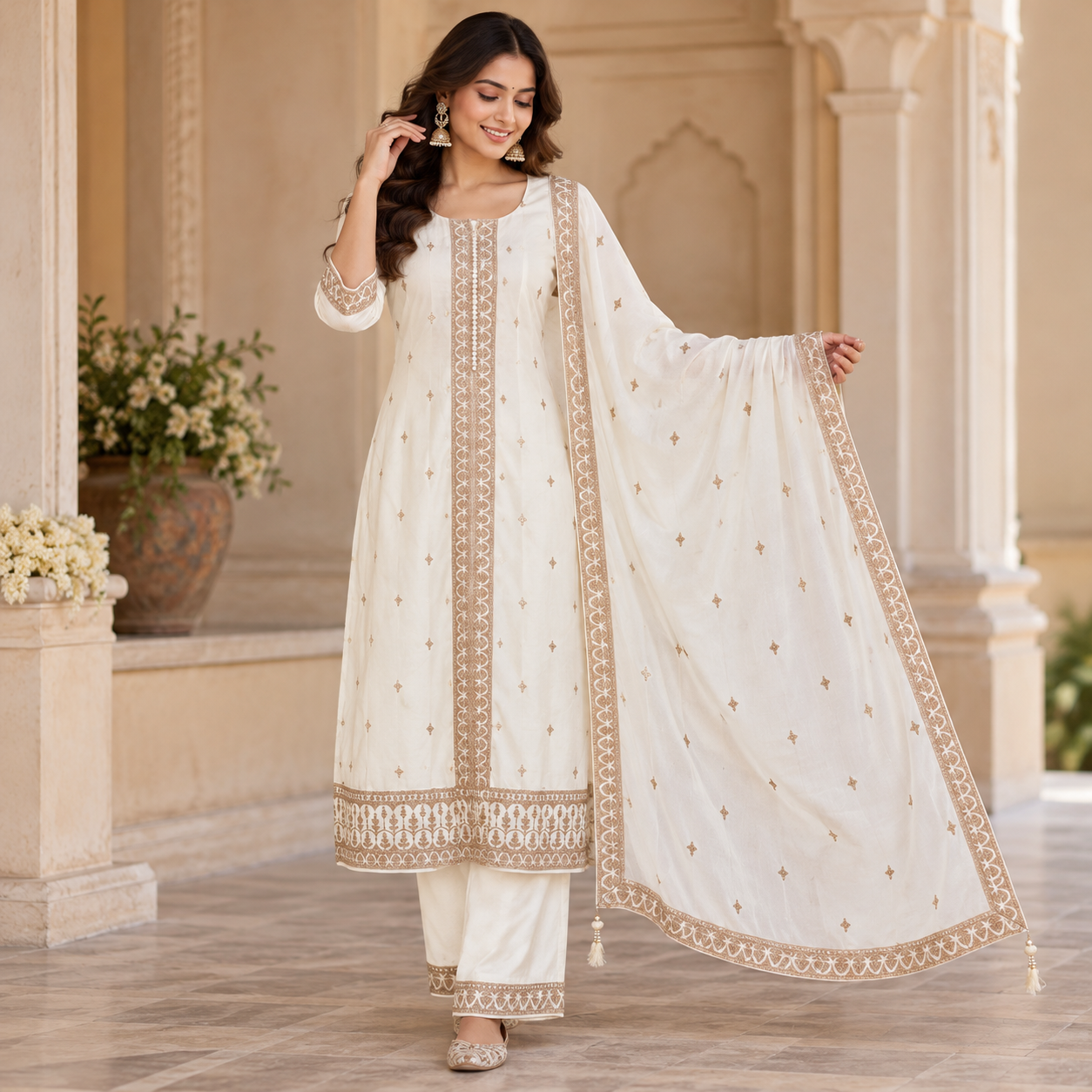 Ivory Elegance Embroidered Salwar Suit with Matching Dupatta
