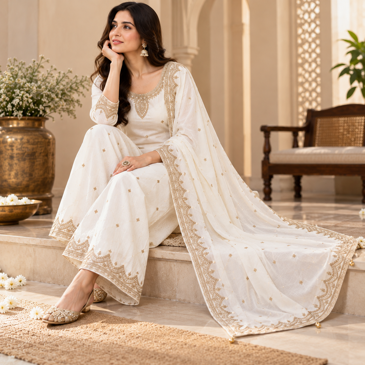 Ivory White Elegance – Gold Embroidered Ethnic Dress Set
