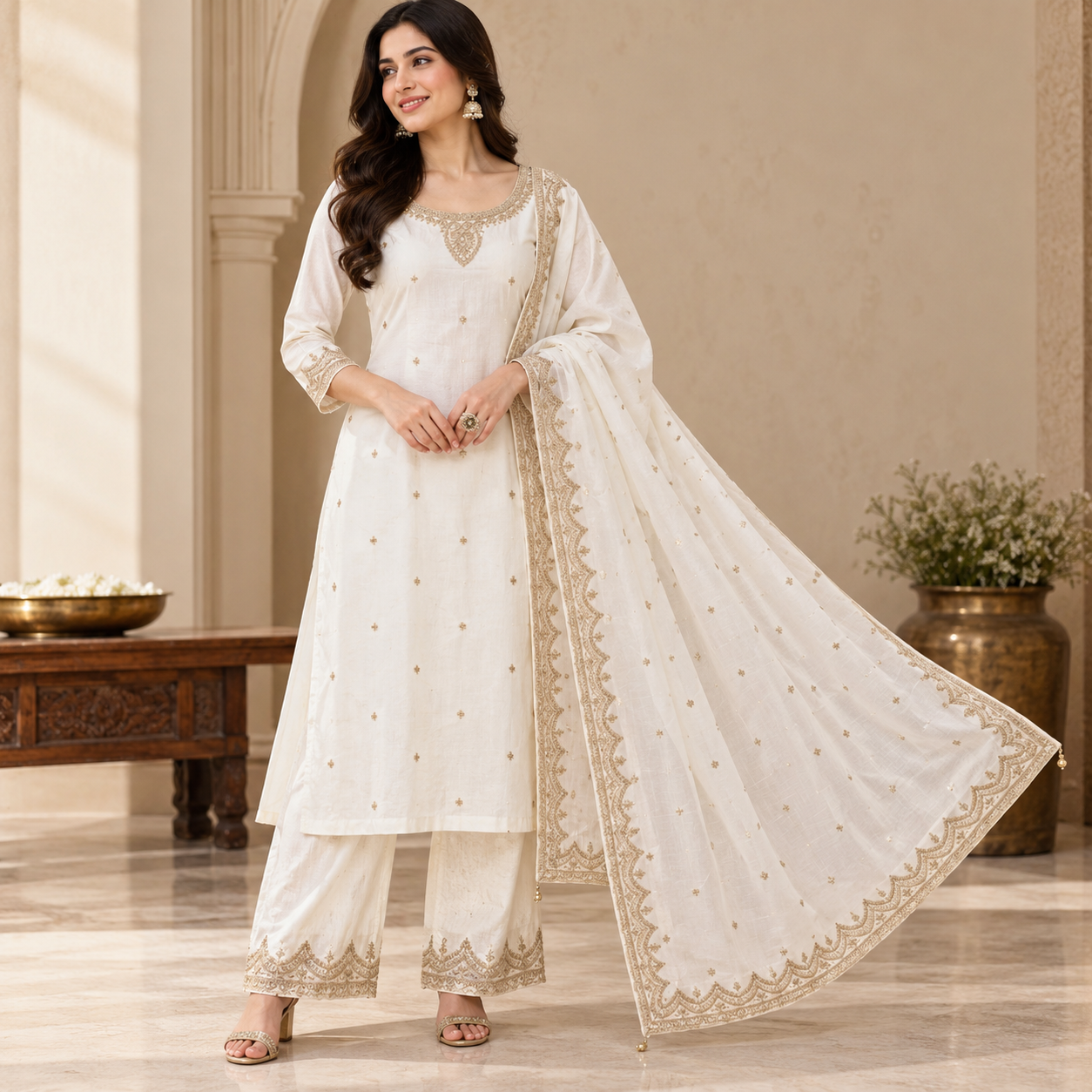 Ivory White Elegance – Gold Embroidered Ethnic Dress Set