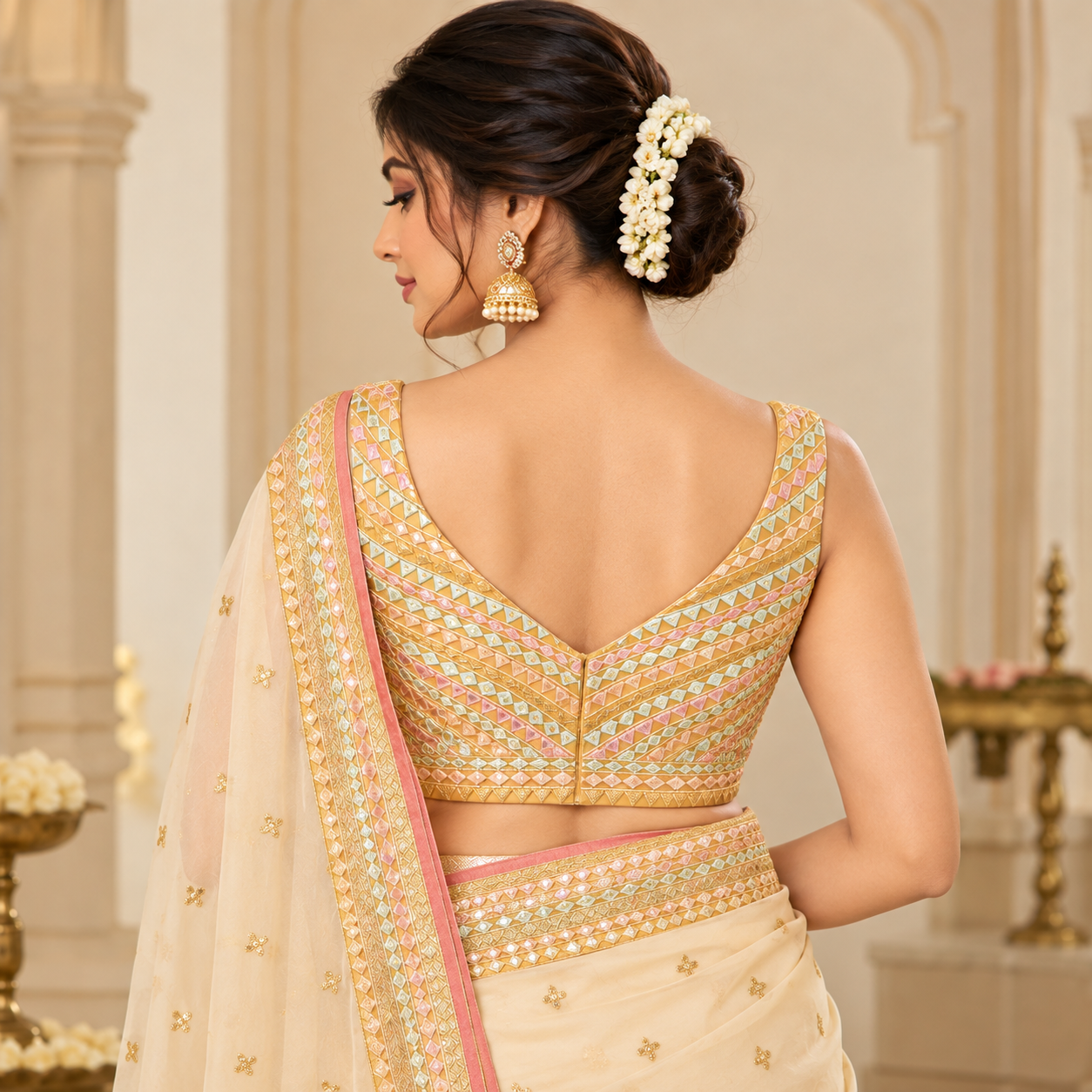 Premium Golden Yellow Mirror Work Designer Blouse – Multicolour Geometric Embroidery
