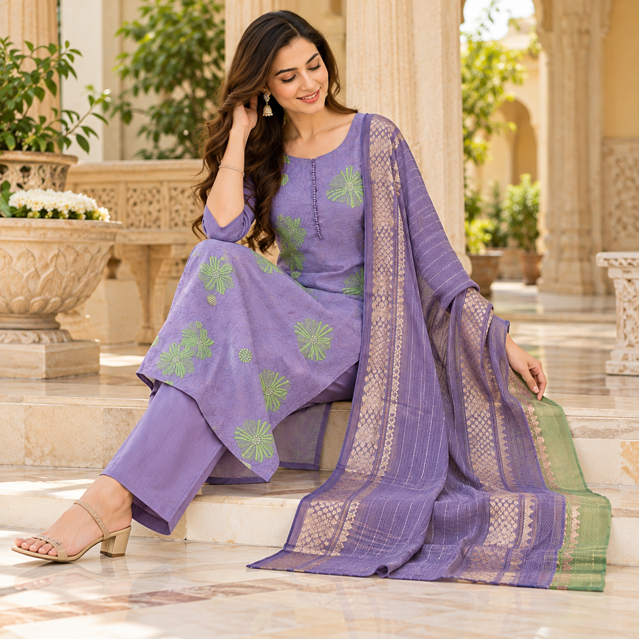 Lavender Floral Embroidered Kurta Set with Matching Pants and Zari Border Dupatta
